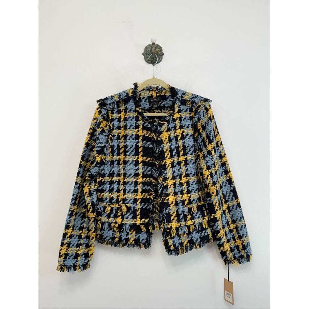 Halogen Navy Blue Yellow Fringe Plaid Tweed Blazer Open Front Women's XL NWT